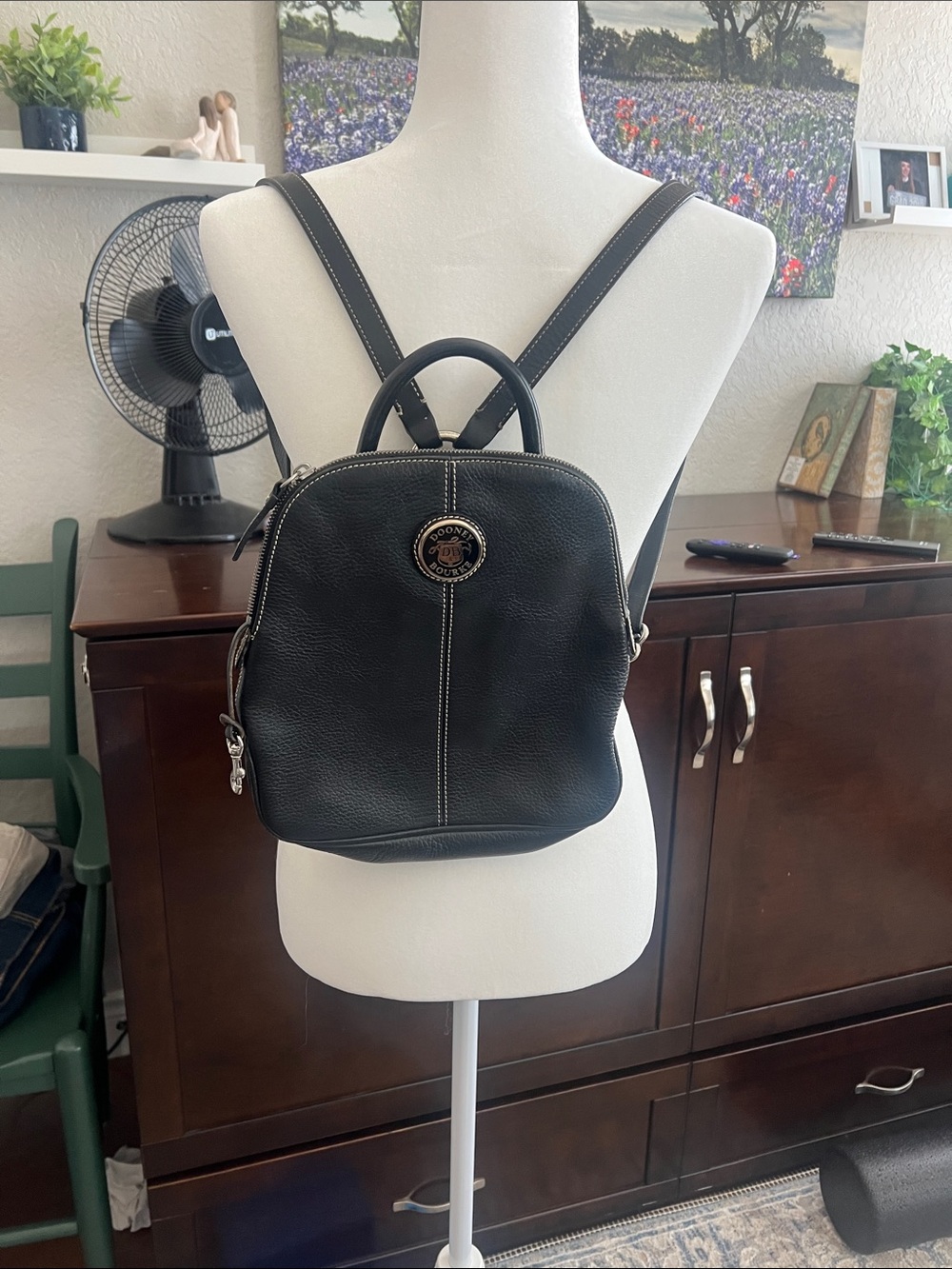 Dooney & Bourke Black Pebbled Leather Mini Backpack with Contrast Stitching